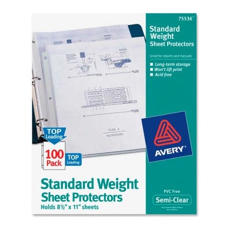 Avery Dennison Avery Non-Stick Sheet Protector, 8-1/2inW x 11inH, Clear, 100/PK 75536